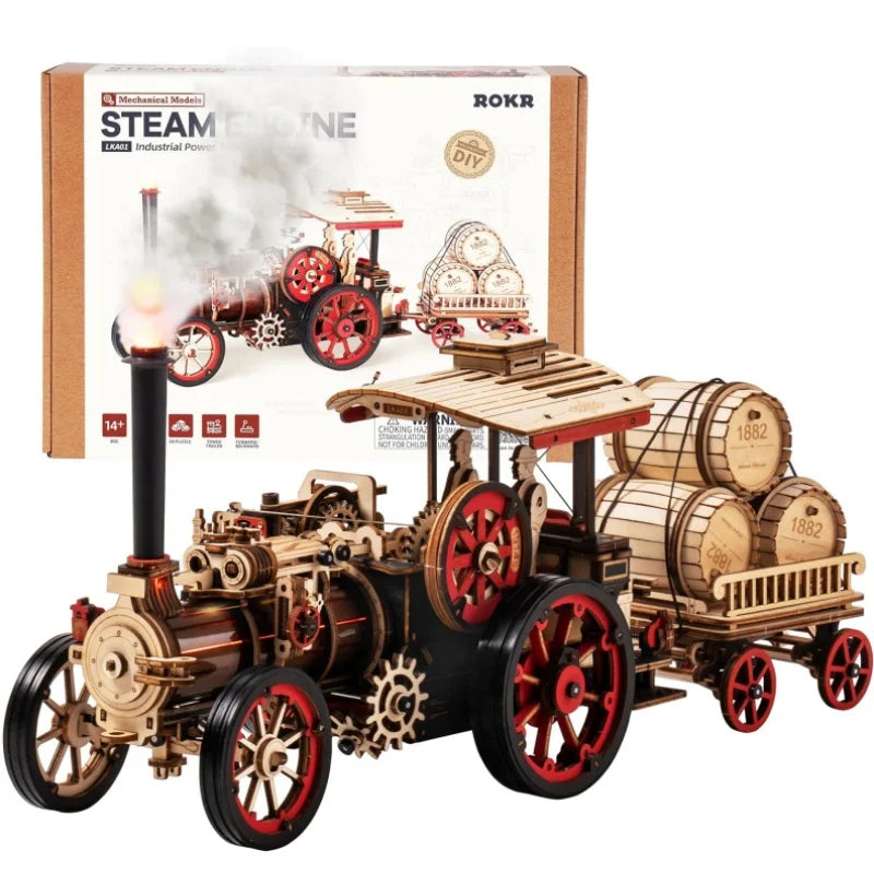 Robotime Rokr Car Model Building Kit 3D Wooden Puzzle Steam Kit 1:28  Mechanical Steam Locomotive Awesome Gifts for Adults Teens