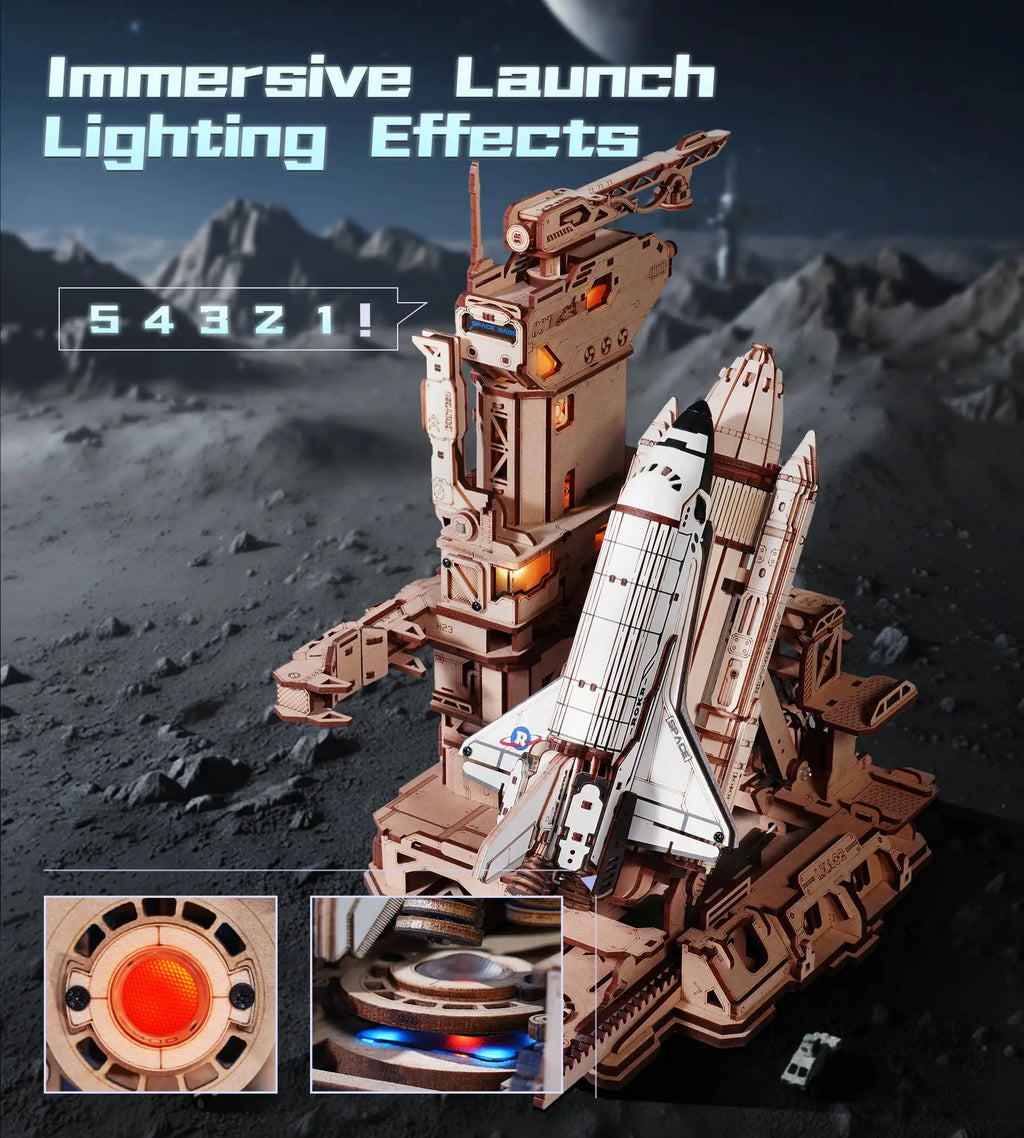 ROKR Space Shuttle 3D Wooden Puzzle Moving Rocket Launch Tower with Lights Mechanical Building Set STEM Project for Adults Teens