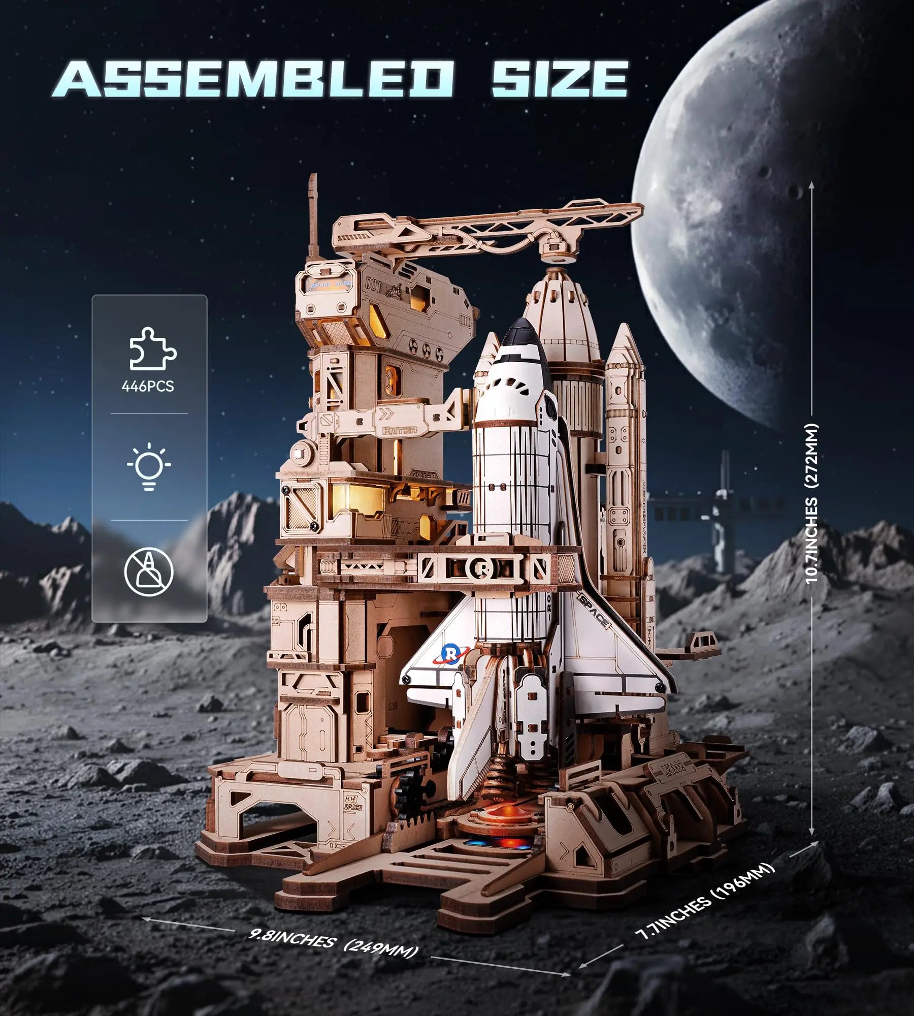 ROKR Space Shuttle 3D Wooden Puzzle Moving Rocket Launch Tower with Lights Mechanical Building Set STEM Project for Adults Teens