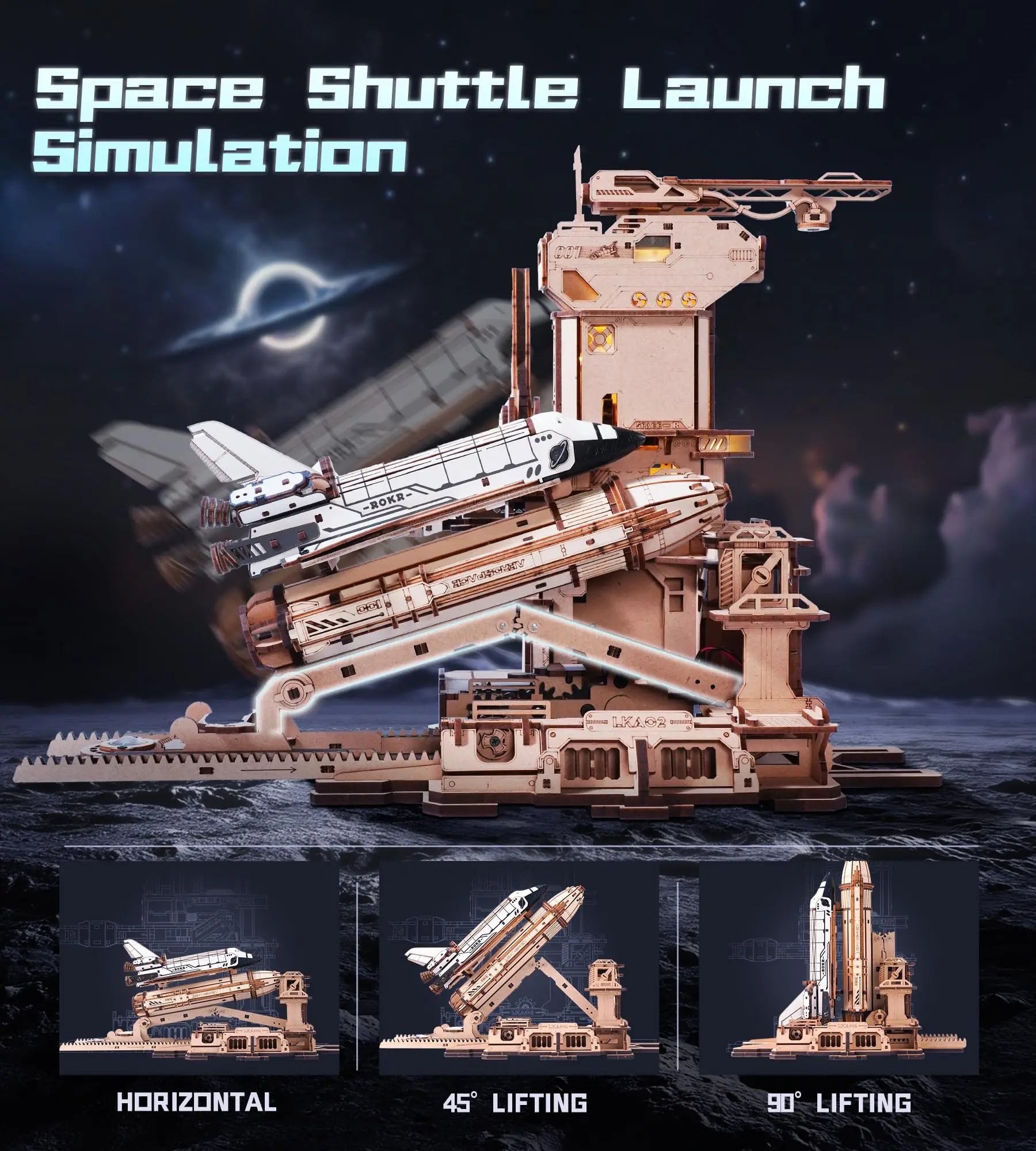 ROKR Space Shuttle 3D Wooden Puzzle Moving Rocket Launch Tower with Lights Mechanical Building Set STEM Project for Adults Teens