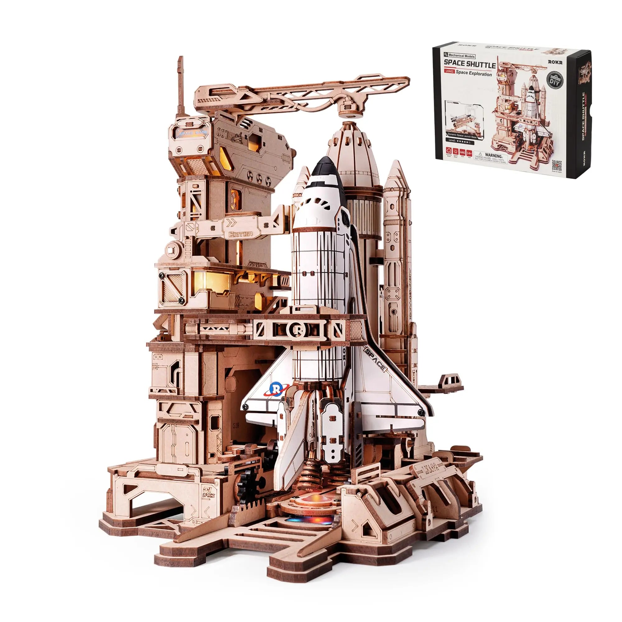ROKR Space Shuttle 3D Wooden Puzzle Moving Rocket Launch Tower with Lights Mechanical Building Set STEM Project for Adults Teens