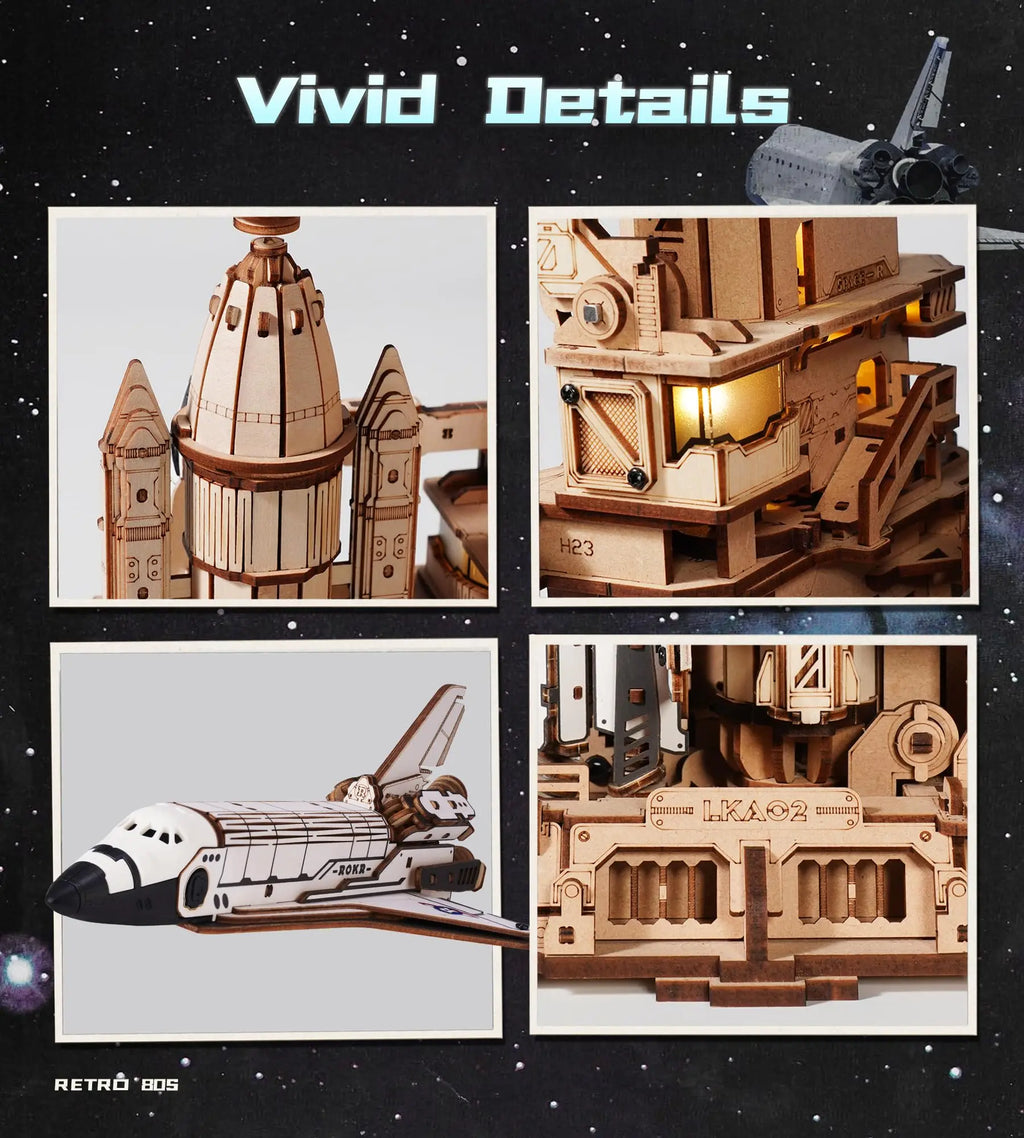 ROKR Space Shuttle 3D Wooden Puzzle Moving Rocket Launch Tower with Lights Mechanical Building Set STEM Project for Adults Teens